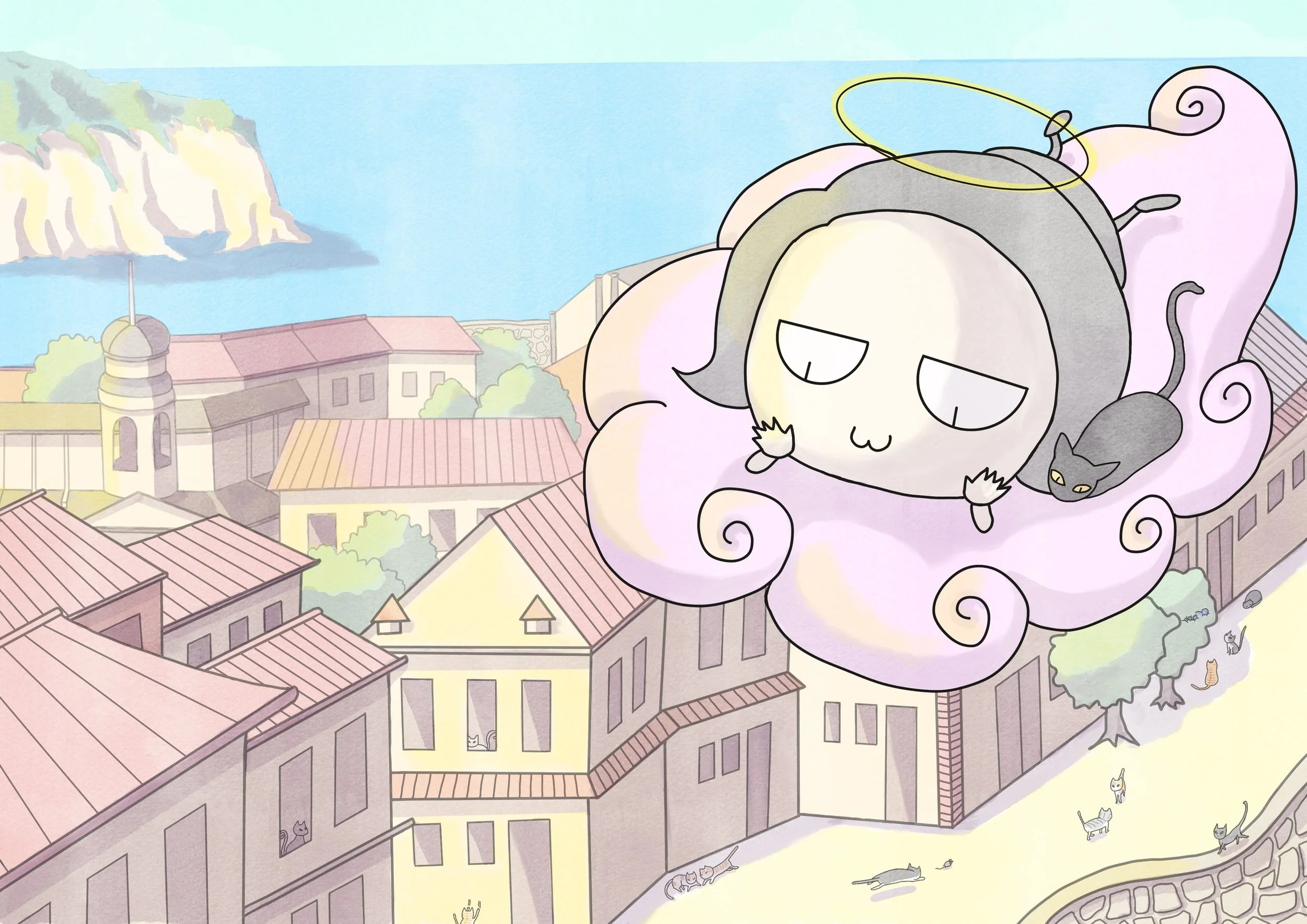 Alulu Da Angel: A Wish Above the Harbor

Alulu and Tera travel the world aboard Momo, the magical Wish Cloud, following the gentle glow of fading Wish Stars.
Today, they drift above a peaceful harbor town where cats spend their days basking in the su
