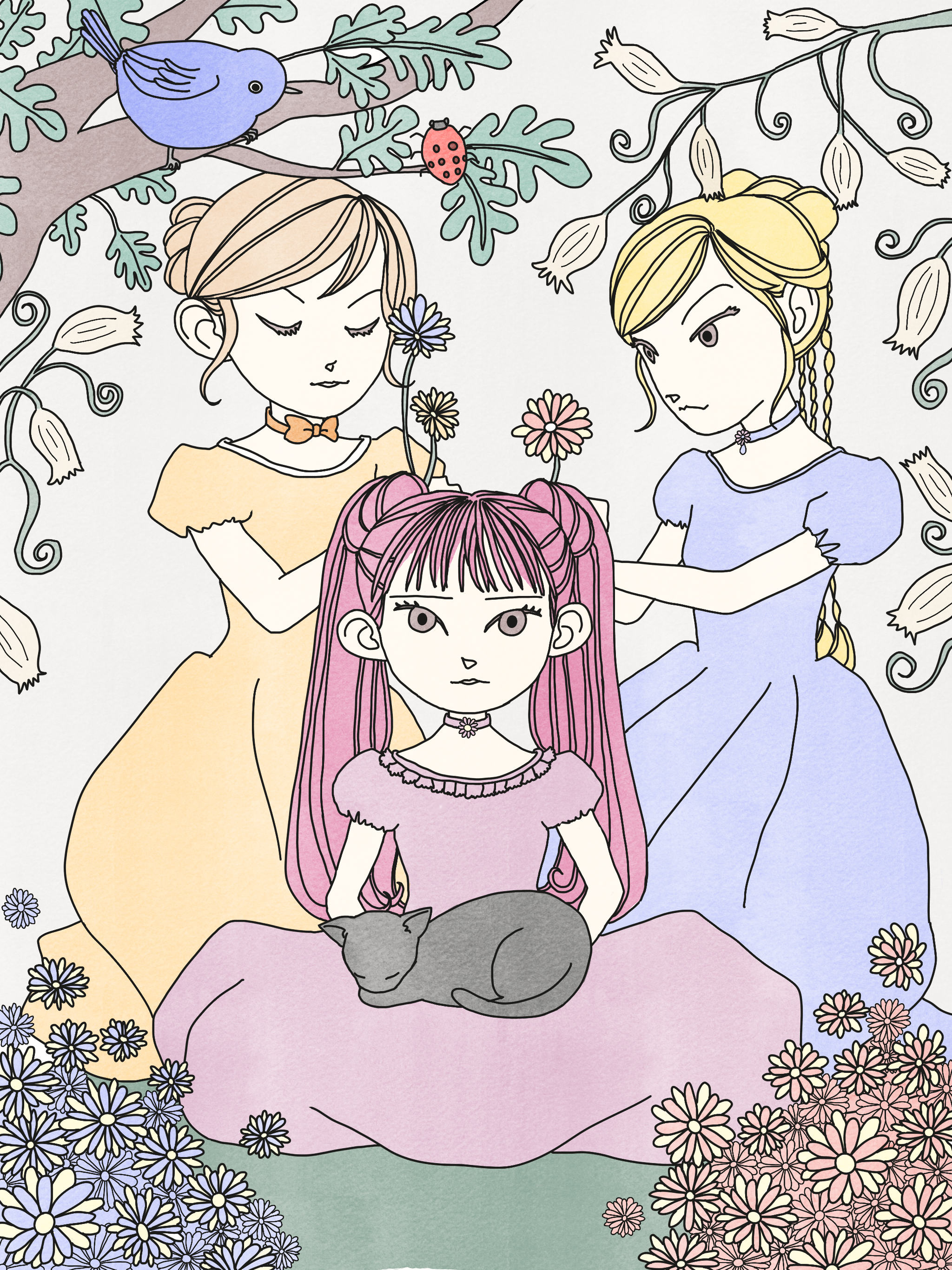 In the Flower Kingdom, Princess Gerbera sits in a sea of colorful gerberas. Princess Hydrangea and Princess Sunflower lovingly braid her hair with fresh flowers.
A little bluebird sits on a branch above them, watching the sisters share a happy moment