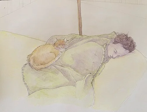 On a cold morning, Lucky sits atop a sleeping companion wrapped in blankets on the couch. A simple scene that reflects warmth, comfort, and the quiet presence of a trusted companion.

