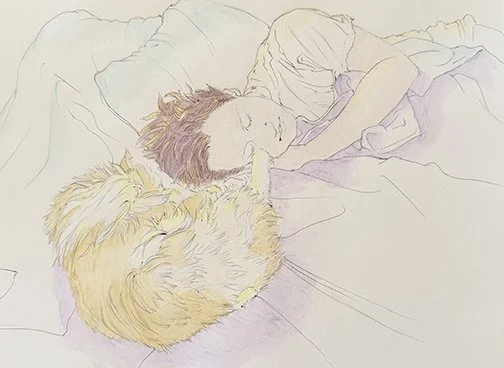 On a quiet weekend morning, Lucky naps beside a beloved companion, one paw gently planted on his face. A playful everyday moment that captures the humor, affection, and comfort of life together.