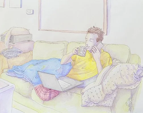 On a quiet weekend morning, Lucky relaxes nearby as a companion enjoys coffee. A simple scene that captures the comfort and familiarity of everyday life together.