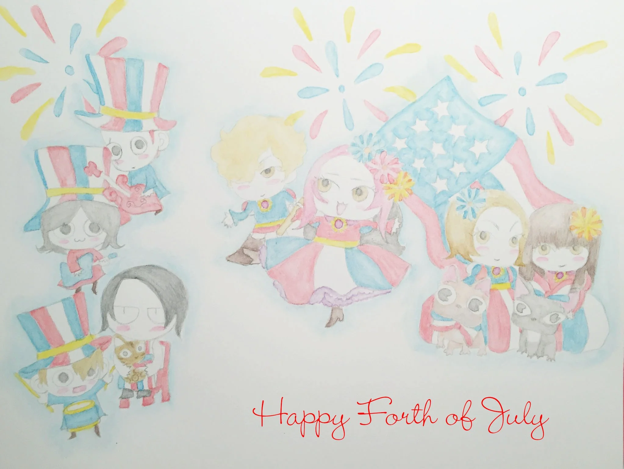 Teranga Gang – 4th of July Celebration

A soft-toned illustration of the “Teranga Gang,” a group of music lovers and musicians who gather at Teranga, a cozy bar with a warm rock-inspired atmosphere. In this festive summer scene, the characters celebr