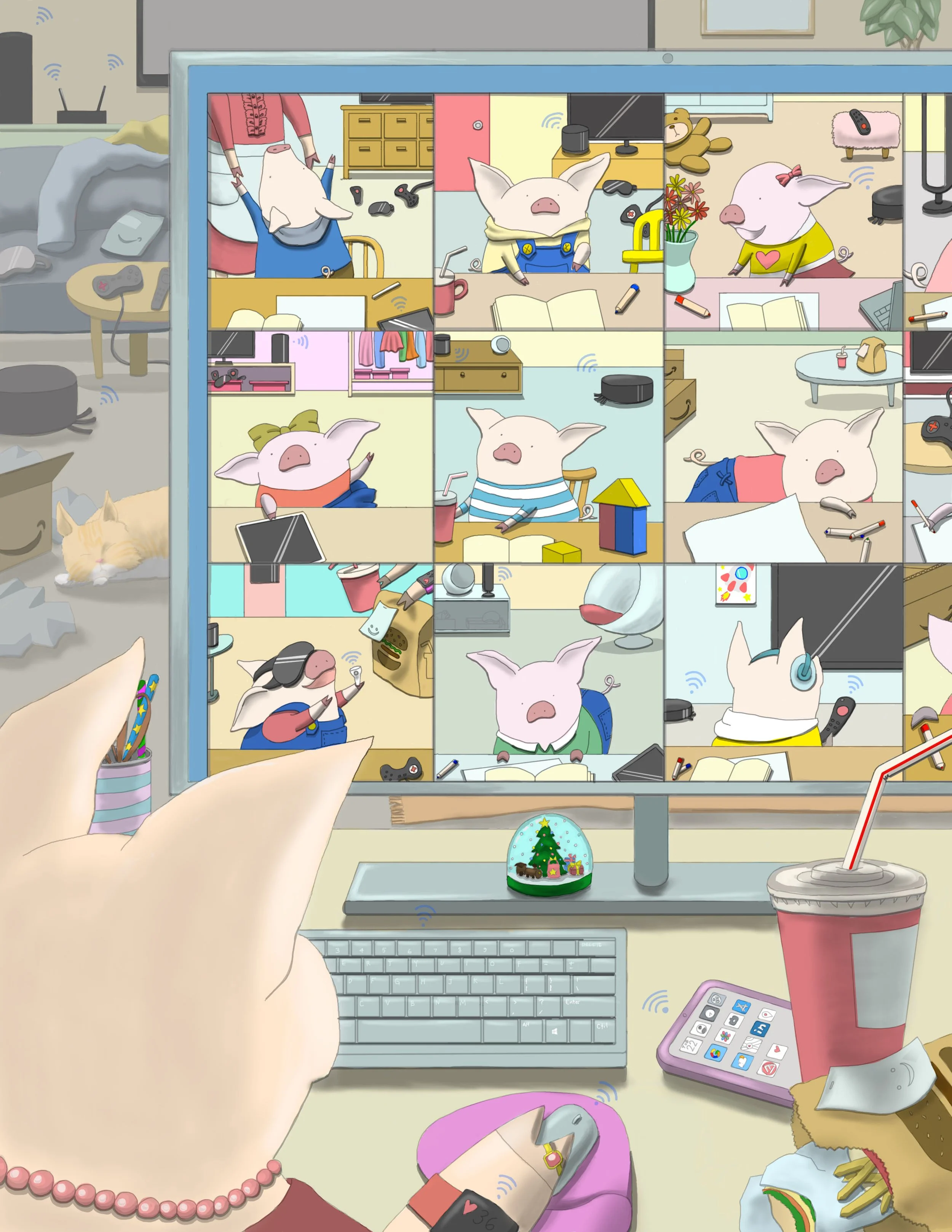 Remote Habits

Created in response to the period of remote learning during the COVID-19 pandemic, this illustration reflects on the shift in daily habits experienced by both teachers and children. Confined to home environments, routines became increa