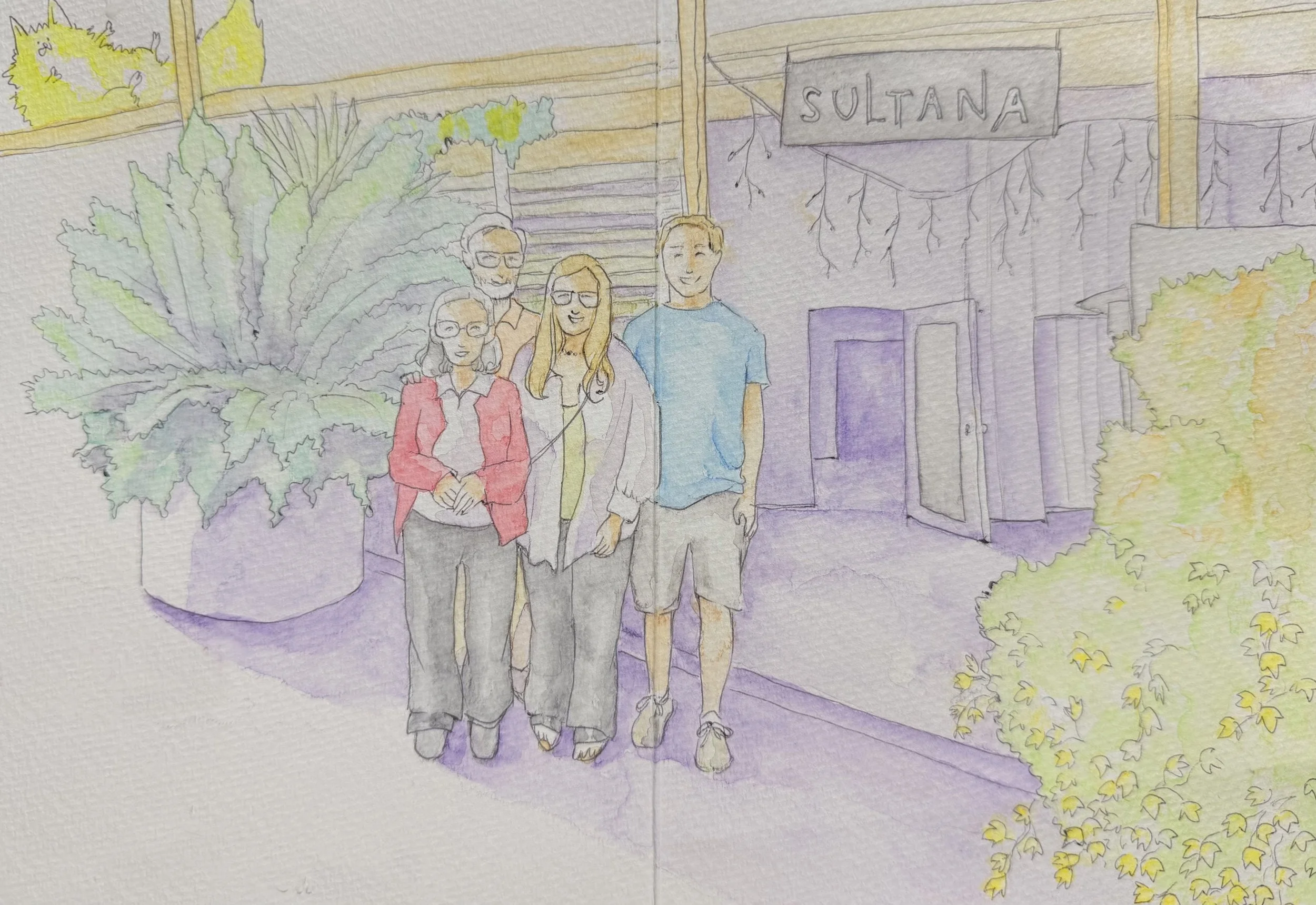 A Family Moment

A family gathers for a commemorative photo outside a Mediterranean restaurant at sunset, bathed in soft summer light. The illustration captures a warm, candid moment filled with relaxed smiles and a sense of togetherness. This editor
