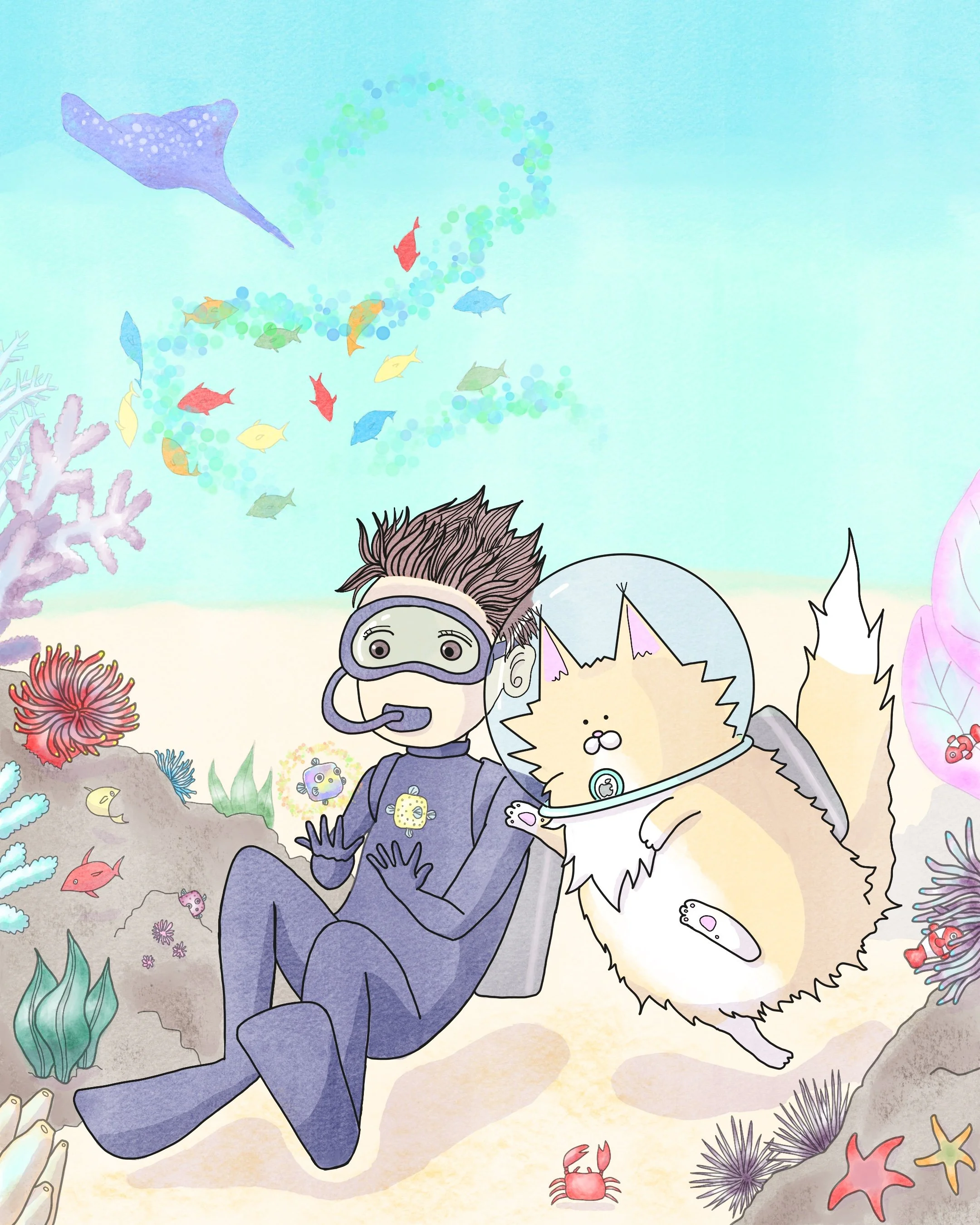 The Gateway to the Ocean Kingdom

While scuba diving through a vibrant tropical reef, Lucky and his best friend encounter three rainbow-colored boxfish.
What seems like a chance meeting becomes the beginning of a new adventure, leading them toward a 