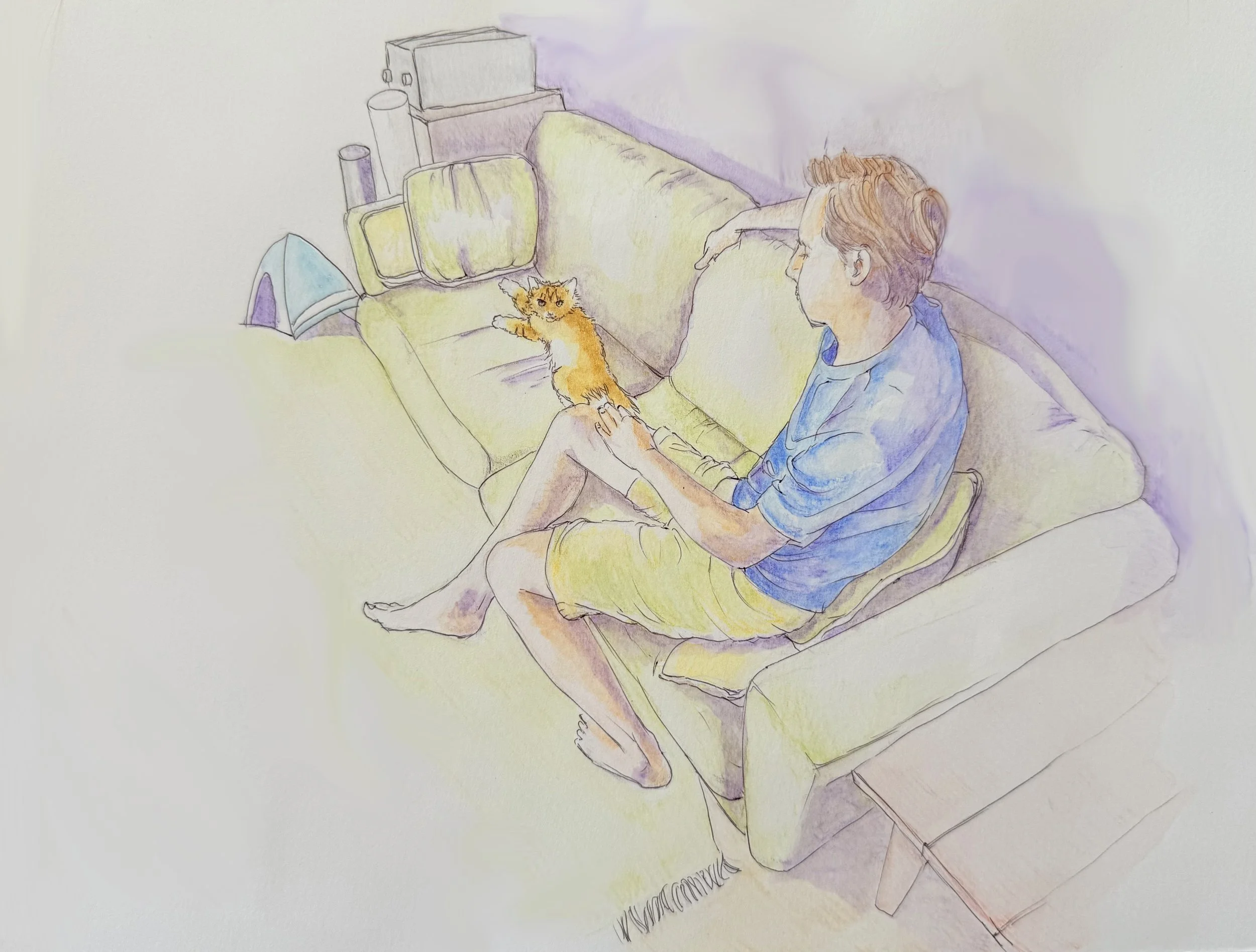Lucky and a beloved companion relax on their favorite couch, capturing the warmth and quiet comfort of an ordinary day at home.