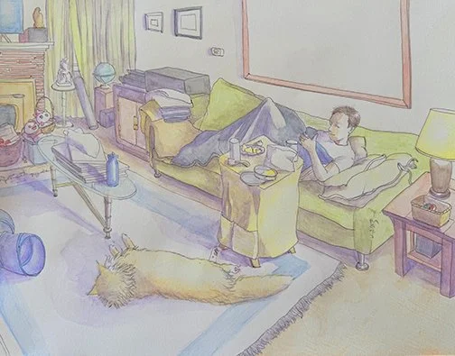 On a quiet weekend evening, Lucky relaxes nearby as a companion unwinds on the couch. A simple moment that reflects the comfort and companionship of everyday life.