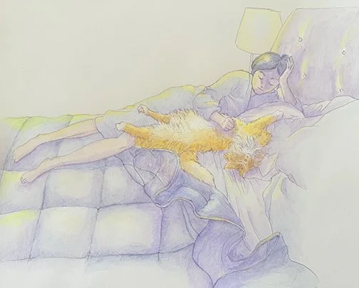 Lucky stretches out on the bed as a beloved companion gently rubs their belly. A quiet moment that reflects trust, comfort, and the warmth of everyday companionship.