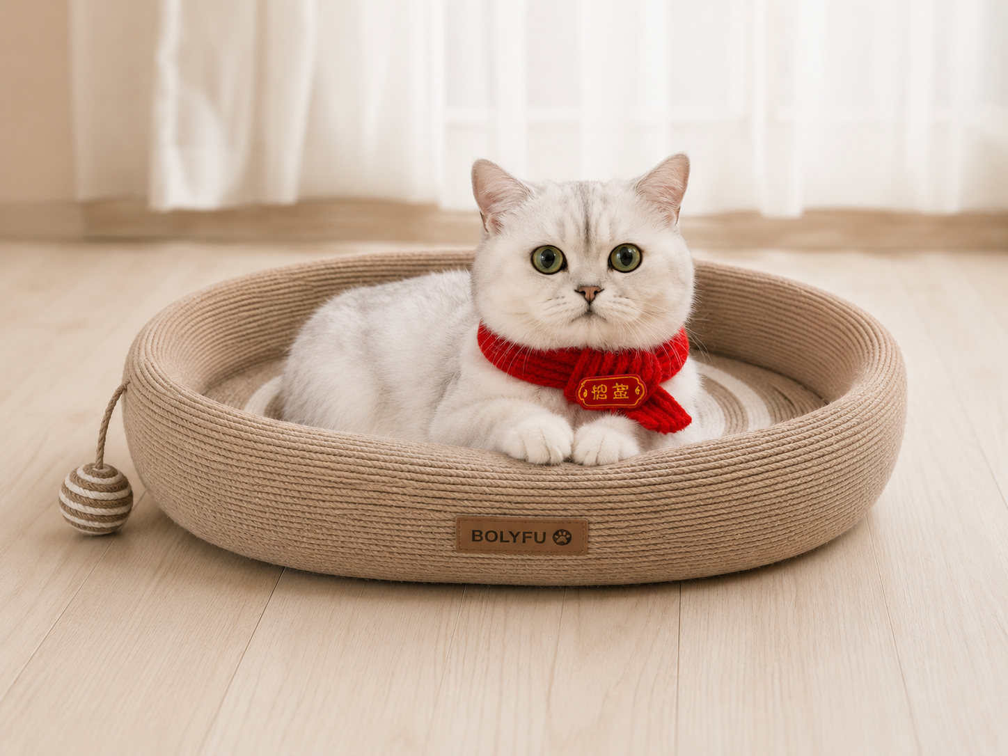 A white cat with green eyes wearing a red collar sits in a beige circular cat bed on a light wooden floor.