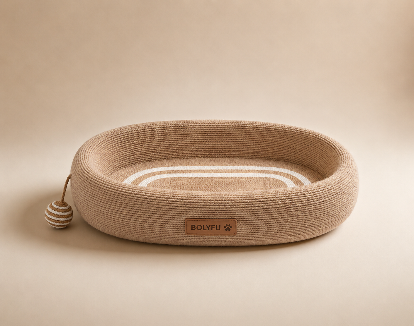 A beige, textured oval-shaped cat scratching bed with a small ball attached to a string on the side and a "BOLYFU" label.
