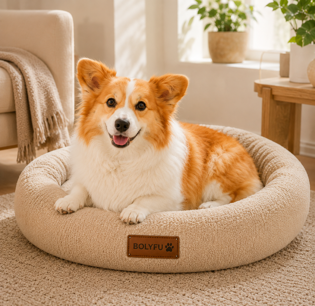 A happy Pembroke Welsh Corgi lying on a beige pet bed with a "BOLYFU" label in a cozy, sunlit living room with potted plants and furniture.