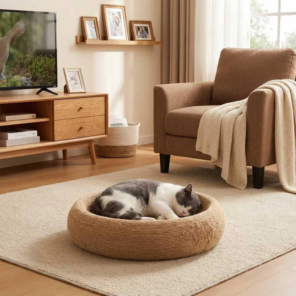 A gray and white cat sleeping in a beige circular cat bed on a cream rug in a cozy living room with a brown sofa, a wooden TV stand with a television, framed photos, a wicker basket, and a window with curtains.