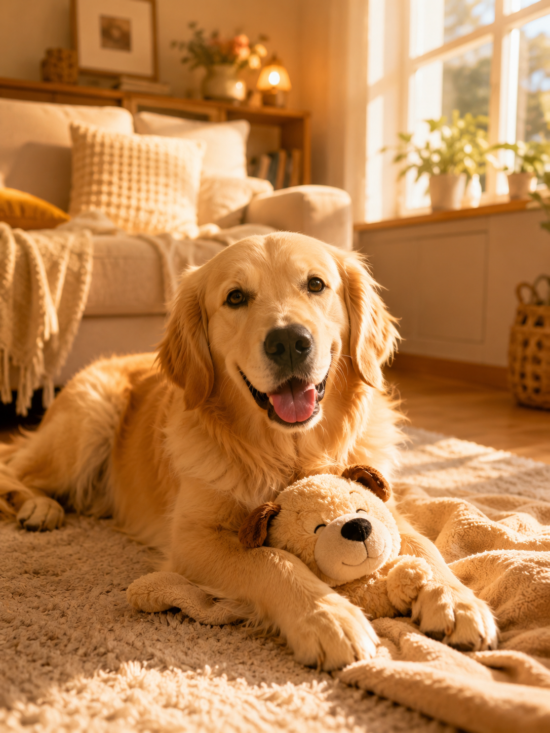 A happy Golden Retriever lying on a cozy rug in a warmly lit living room, cuddling a plush dog toy with a smiling face, with a beige sofa, pillows, books, plants, and sunlight streaming through large windows in the background.