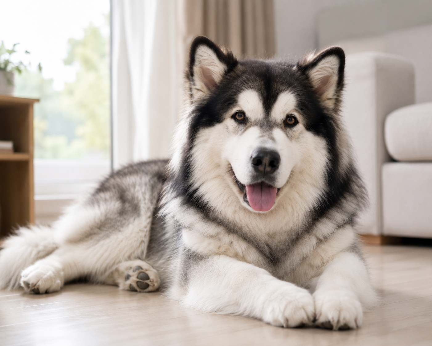 A Siberian Husky with black and white fur lying on a wooden floor inside a home, looking directly at the camera with tongue out and ears erect.
