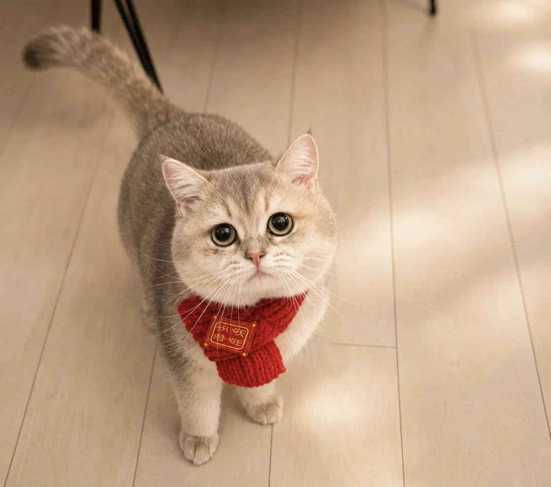 Cute beige-colored cat with big eyes wearing a red knitted scarf with Chinese characters on it, standing on a light wood floor.