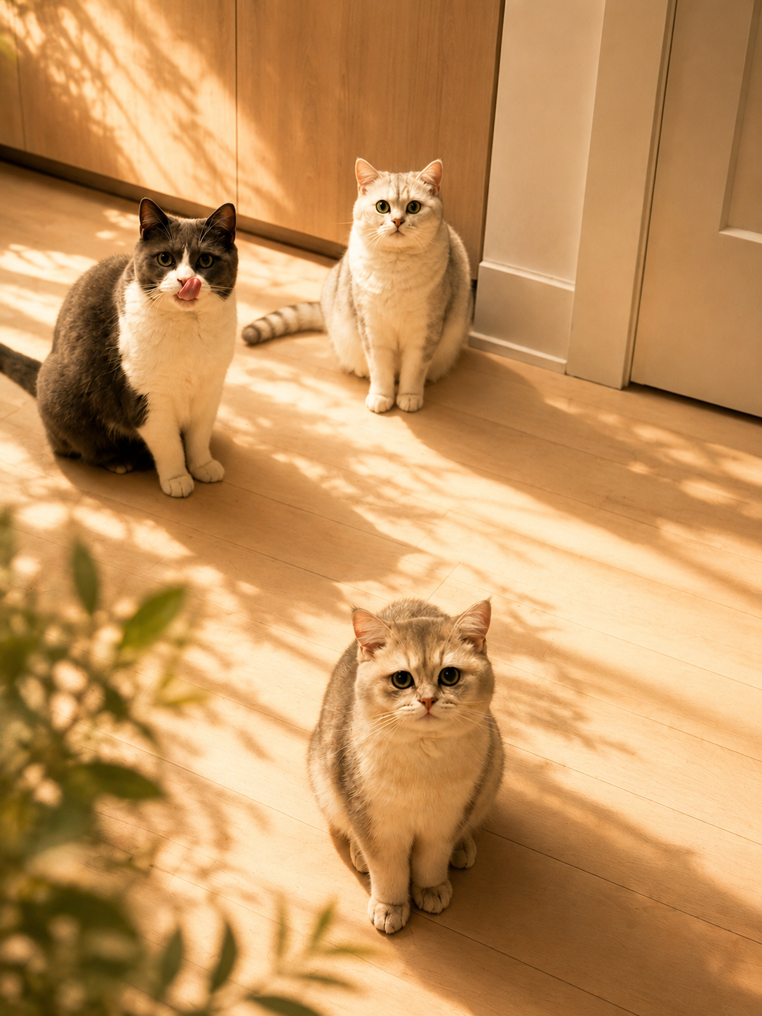 Four cats sitting on a wooden floor in a sunny room, with shadows cast by plant leaves.