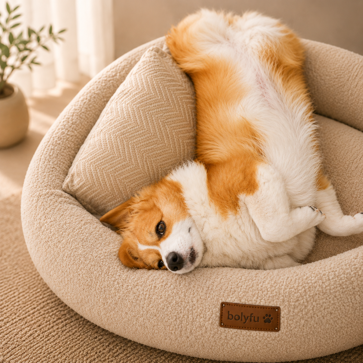A cute, fluffy dog with white and orange fur lying on a beige pet bed, partially covered by a pillow, inside a brightly lit room.