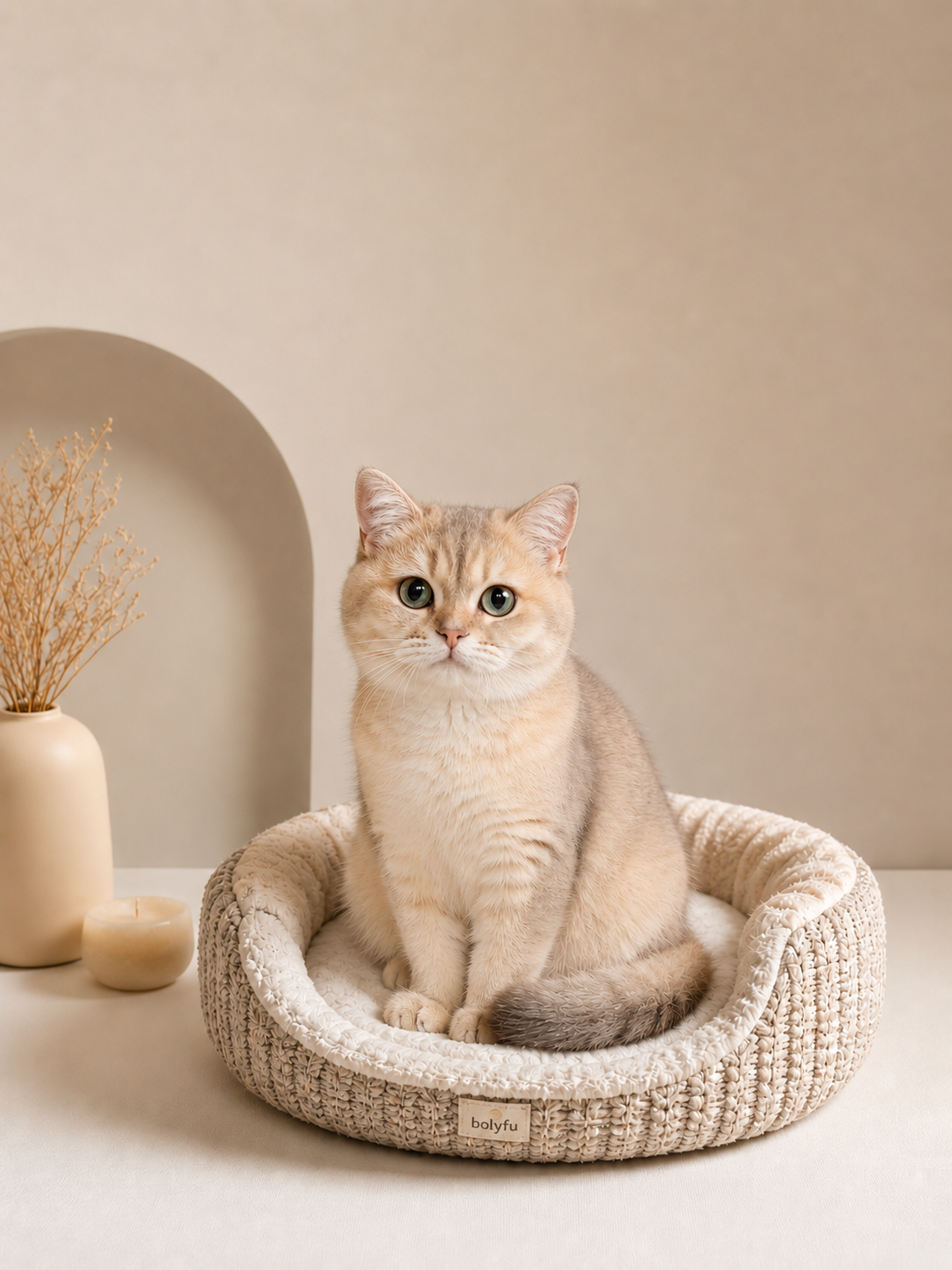 Cream-colored cat sitting in a woven beige pet bed on a light-colored surface, with a beige vase with dried flowers and a small candle nearby, against a plain wall.