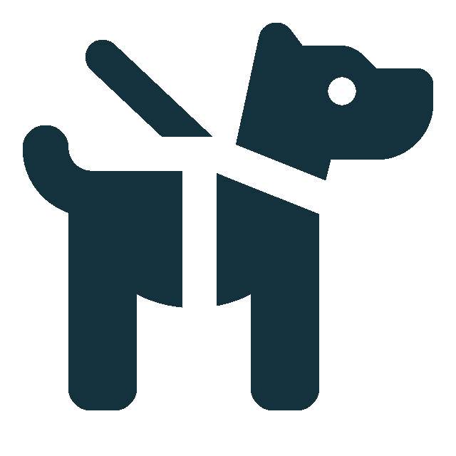 Simplified black icon of a dog with a bone in its mouth, standing on four legs.