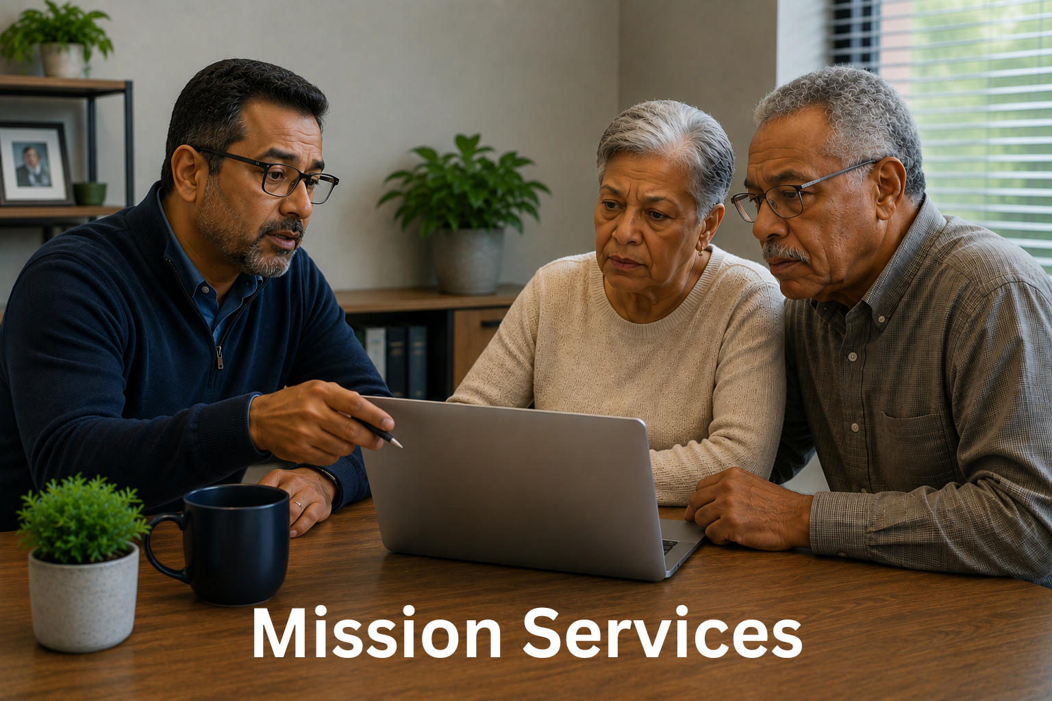 Three people, an elderly man and woman and a middle-aged man, are gathered around a laptop at a table discussing something. The room has a window with blinds and a plant in the background. The words 'Mission Services' are overlaid at the bottom of the image.