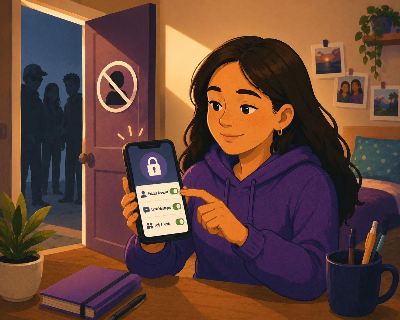 A girl with long dark hair and freckles, wearing a purple hoodie, is sitting at a desk inside her bedroom, smiling while using her smartphone. The phone screen shows privacy settings with options for private account, limit messages, and only friends turned on. Behind her, an open door reveals three people outside, silhouetted against the evening sky. The bedroom has wall decorations including photos, a shelf with plants, and a bed with a polka-dot pillow.