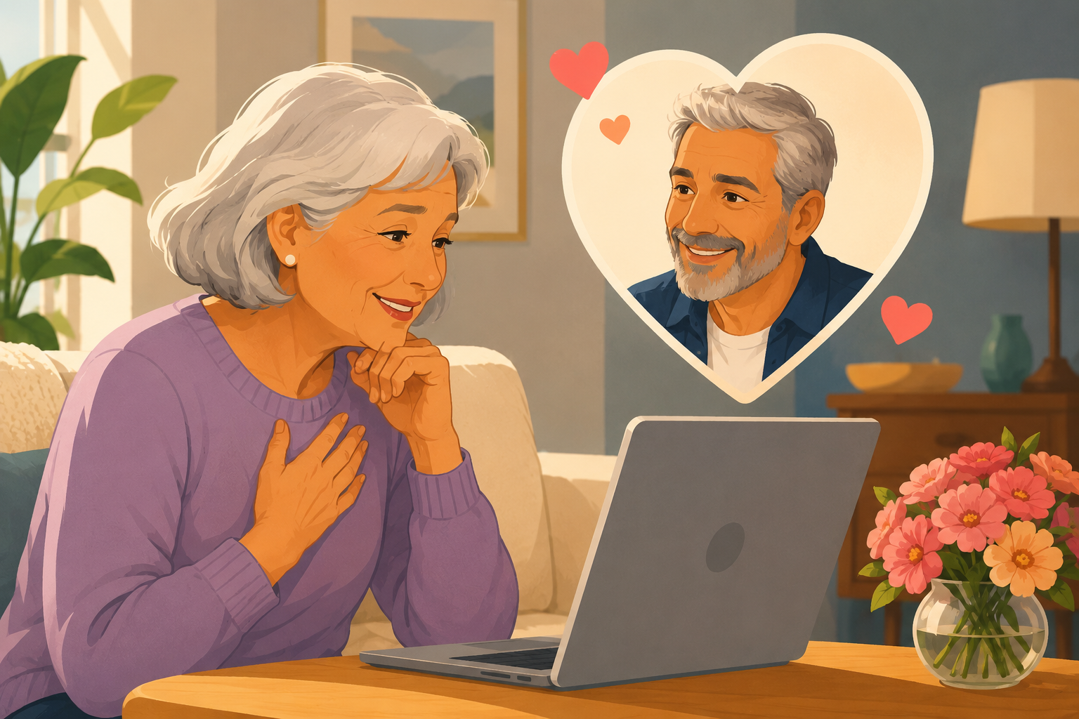 An elderly woman is sitting at a table with a laptop, smiling as she looks at the screen. A heart-shaped thought bubble above her shows a smiling man with a beard and gray hair, surrounded by small hearts. The room is cozy, decorated with a plant on the left, a lamp on the right, and a vase of pink flowers on the table.