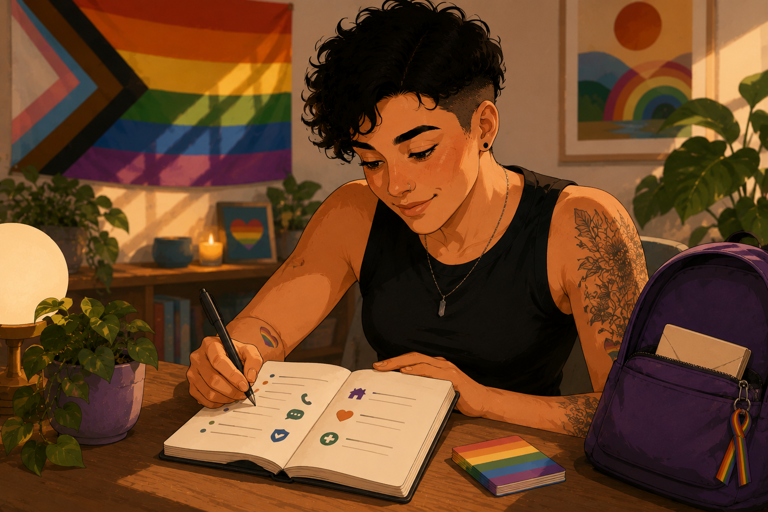A person with short curly hair and tattoos on both arms is sitting at a desk, writing in a notebook with stickers on the pages. The person is wearing a black tank top and necklaces, and has a purple backpack on the desk. The background includes rainbow-themed artwork, plants, a lit candle, and a rainbow flag.