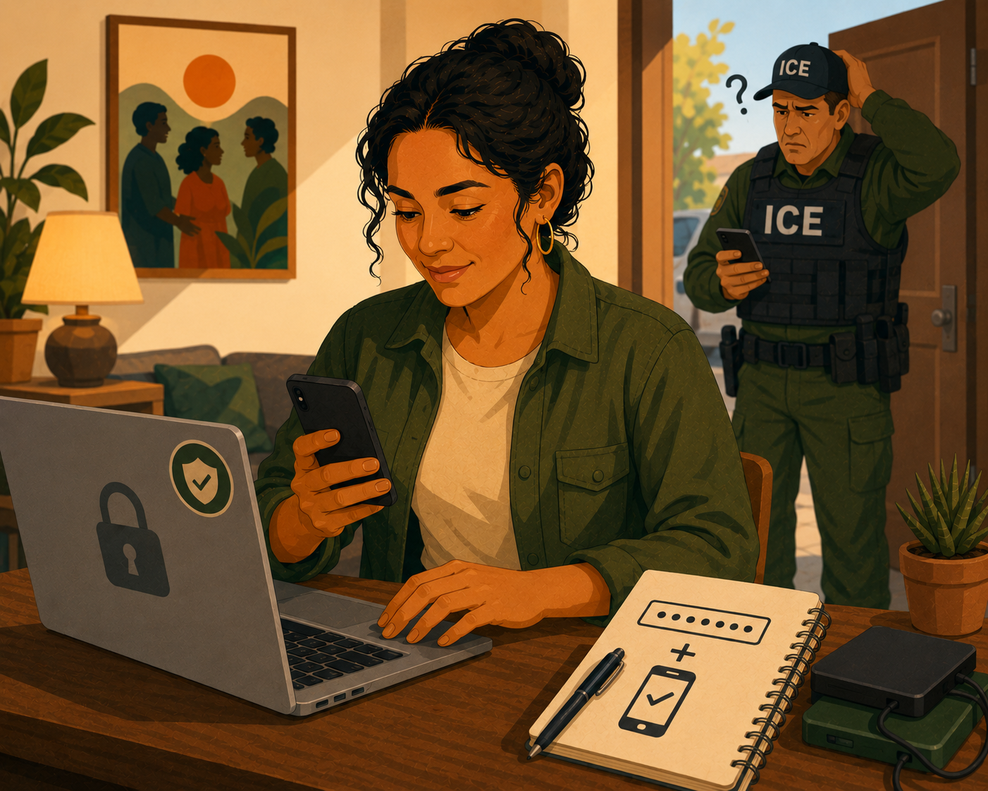 A woman in military-style clothing sitting at a desk using her smartphone, with a laptop displaying security icons in front of her. A police officer is standing in the doorway, appearing confused or concerned while also looking at his phone. The room has a warm ambiance with a painting on the wall and plants on the desk.