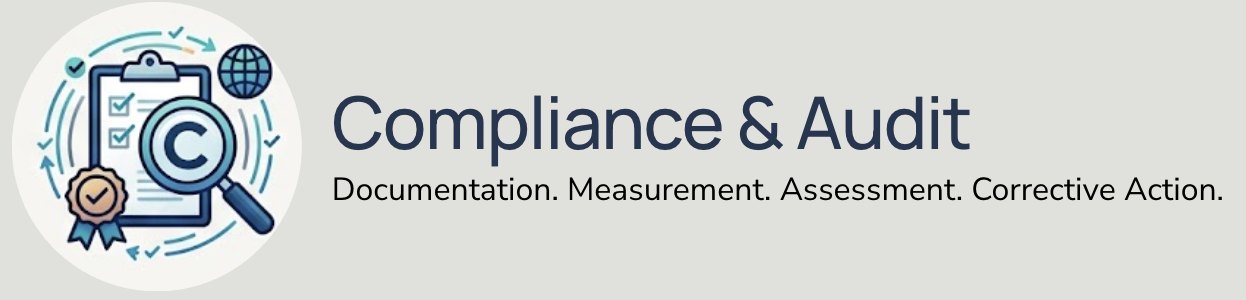 Icon of a clipboard with checkmarks, a magnifying glass over a copyright symbol, a globe, and a badge, representing compliance and audit processes.