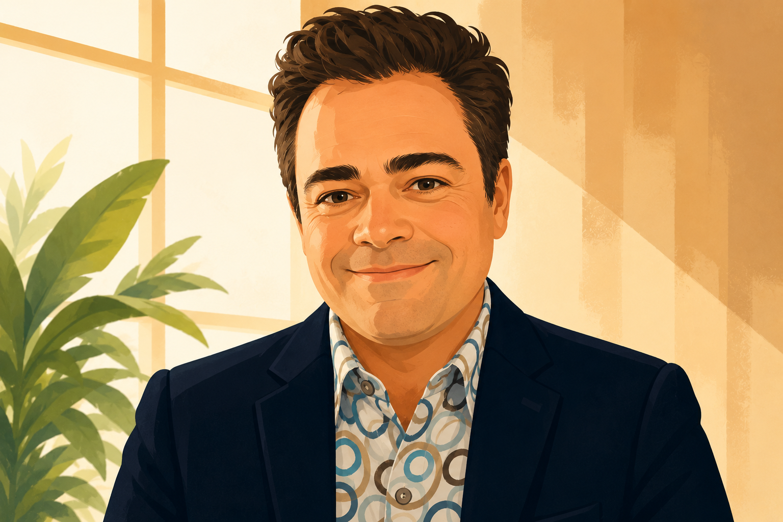 Digital illustration of a smiling man with dark hair, wearing a patterned shirt and dark blazer, sitting in front of a window and a green plant.