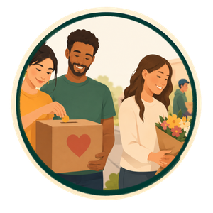 Three people outdoors, one woman receiving a gift box with a heart, another woman holding a bouquet of flowers, and a man smiling in the background.