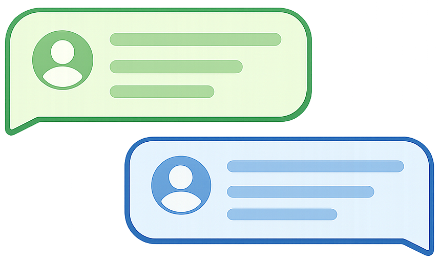 Two chat bubbles, one green and one blue, representing online messaging or chat conversation.