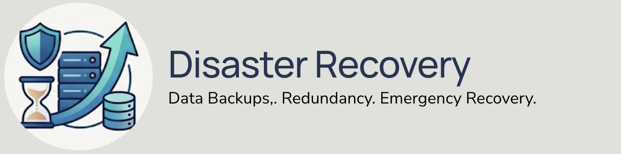 Icon representing disaster recovery with shield, data servers, hourglass, and upward arrow