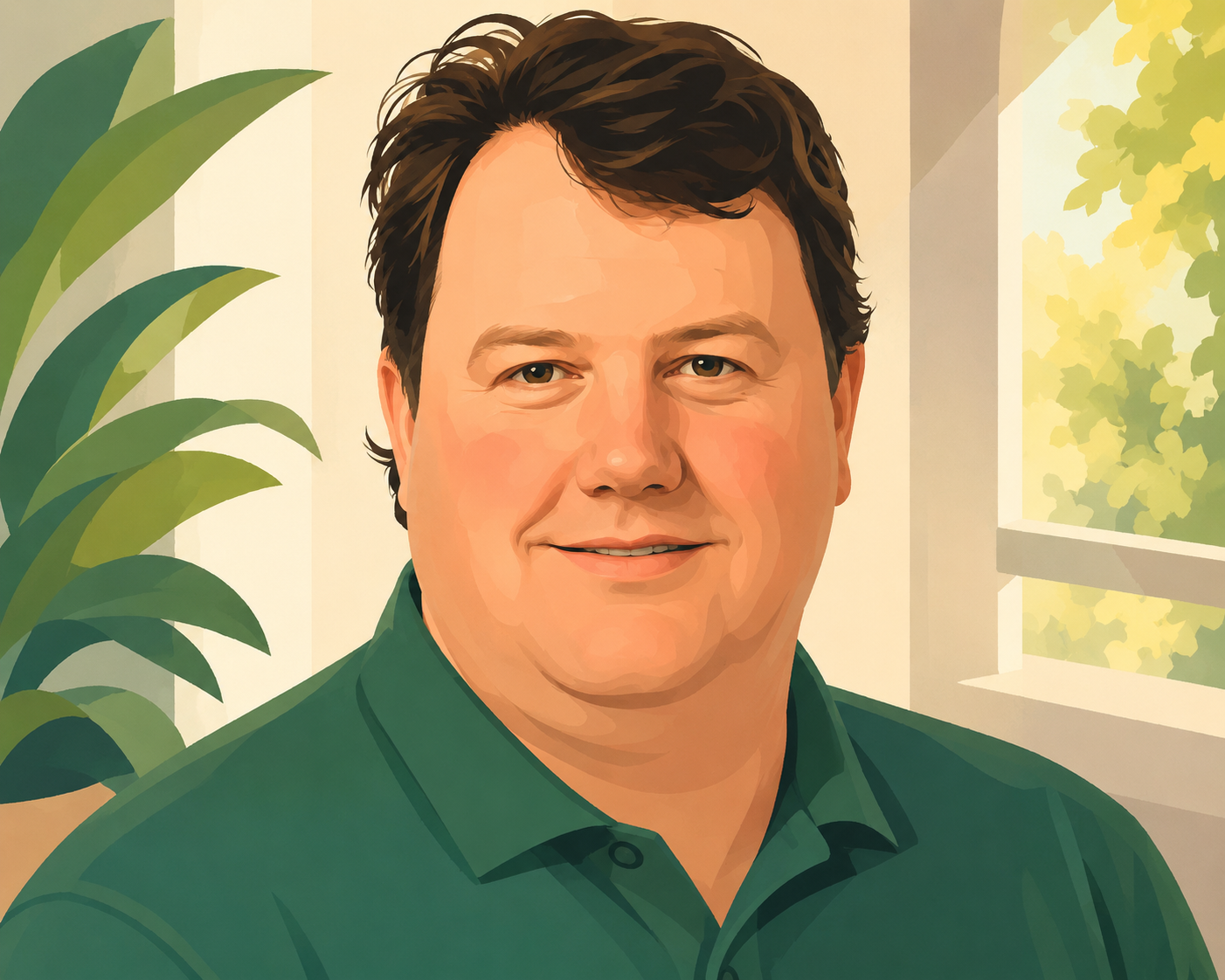 A digital painting of a man with dark brown hair, smiling, wearing a green collared shirt, sitting indoors near a window with a view of green foliage outside.
