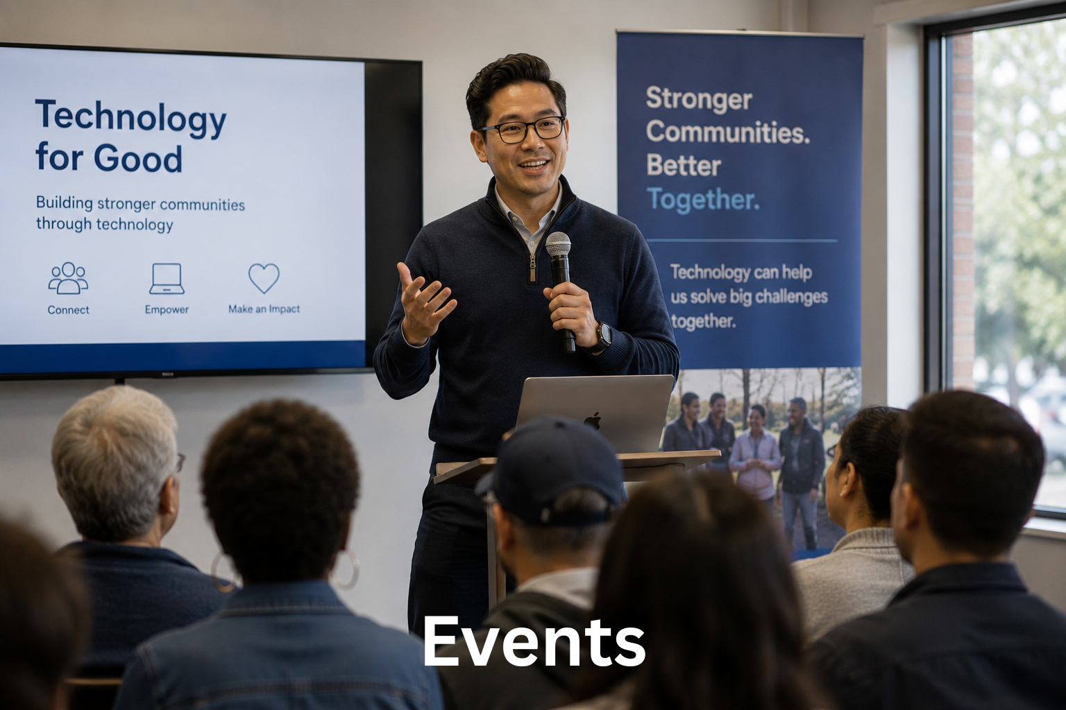A man giving a presentation in front of a screen and audience at an event focused on technology for good, with banners promoting community strength and technology's role in solving challenges.