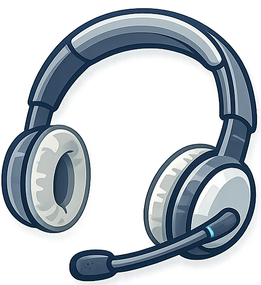 Animated illustration of a gray and white headset with a microphone.