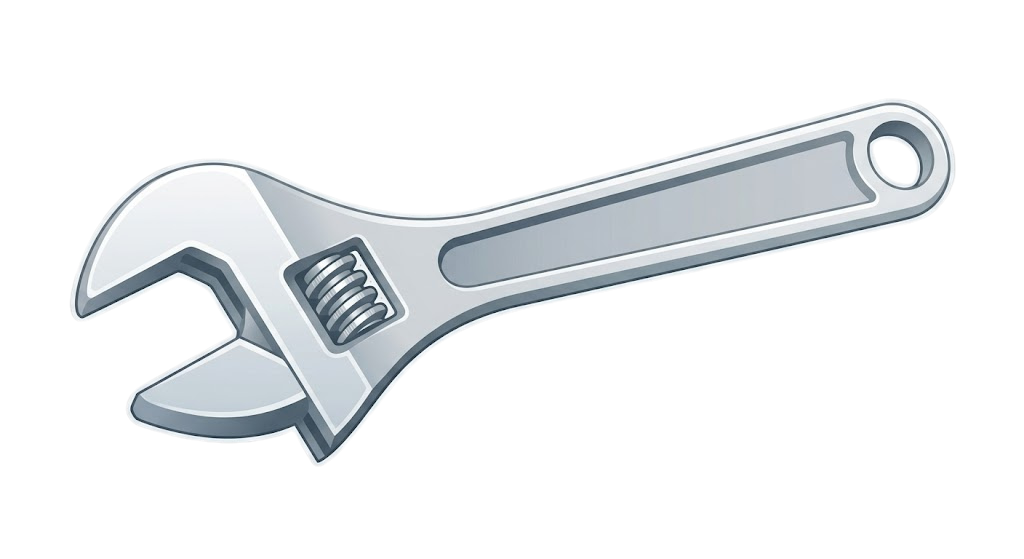 Illustration of a metallic adjustable wrench against a black background.