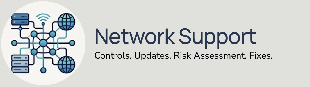Illustration of interconnected network nodes, servers, and globes representing network support concepts.