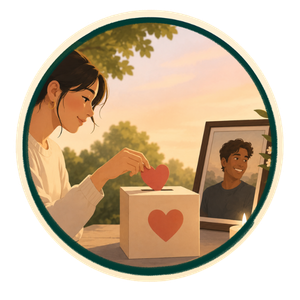 A woman placing a heart-shaped object into a donation box with a photo of a young man on a computer screen nearby, outdoors during sunset.