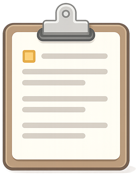 A clipboard with a piece of paper attached, featuring a yellow square bullet point and six lines of text.