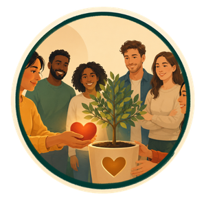 Six diverse people gathered around a potted plant and holding a glowing heart-shaped object.