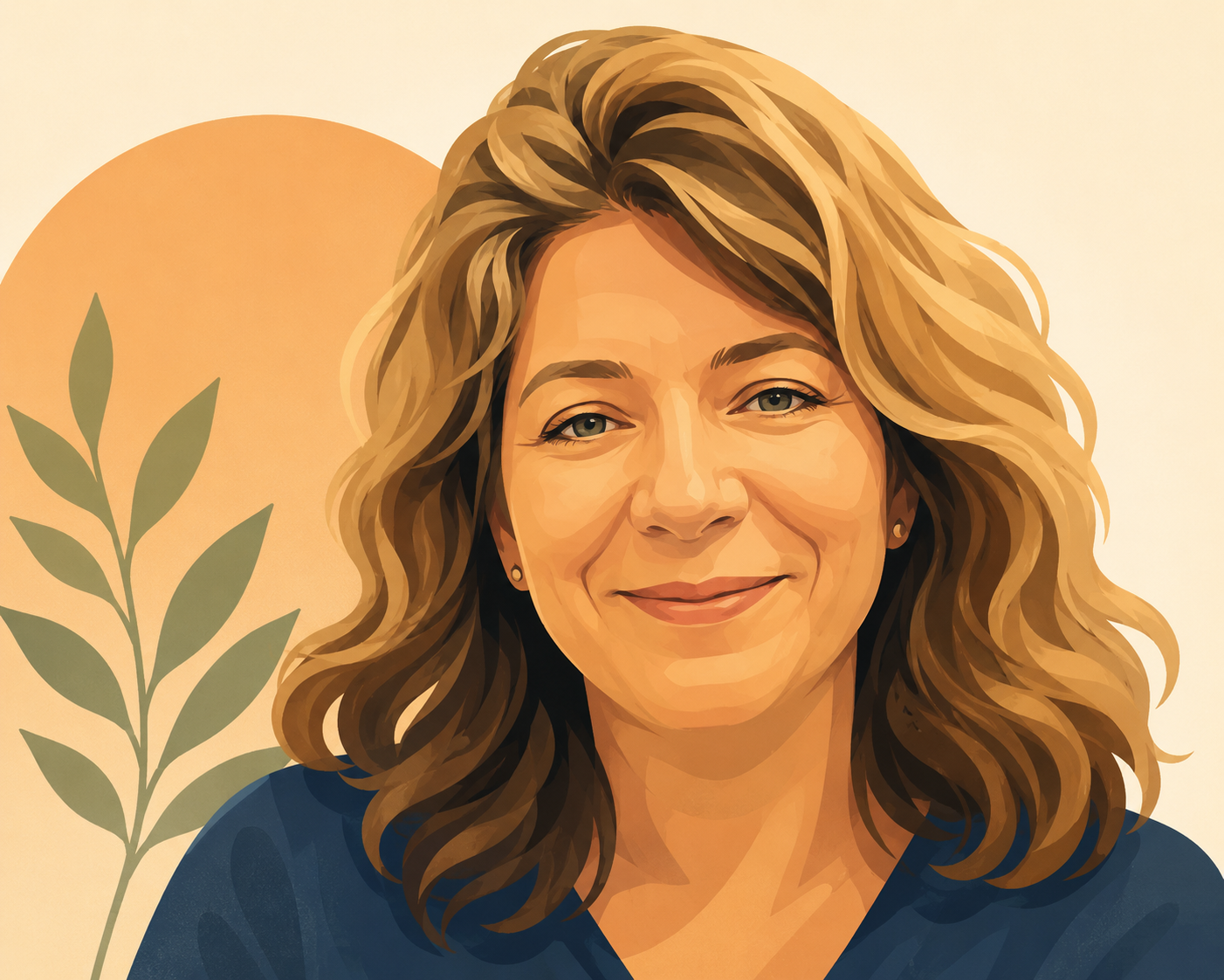 A digital painting of a woman with light skin, curly light brown hair, wearing a blue top, smiling with a leafy plant in the background.