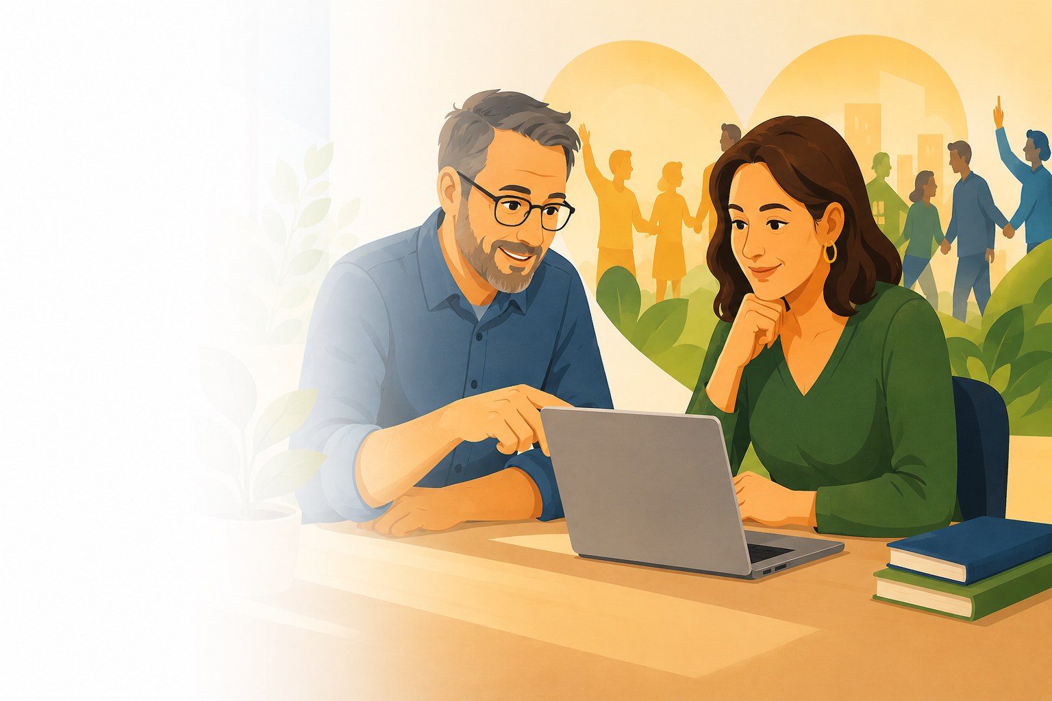 Two people in an office looking at a laptop, with a thought bubble showing a group of diverse people holding hands, symbolizing teamwork or community.