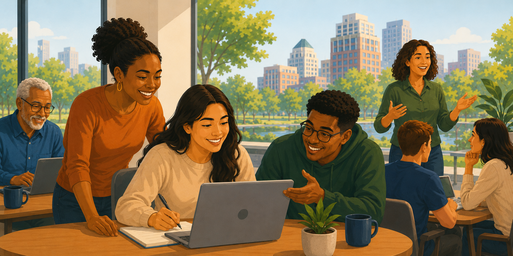 A diverse group of people in a bright, modern office or co-working space with large windows showing a city park with trees and buildings outside. Several people are working on laptops, while others are smiling and engaging in conversation.