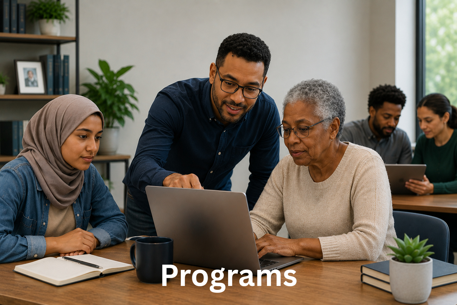 A diverse group of people working together at a table in an office, with one person showing something on a laptop to an older woman, while other group members work on tablets in the background. The word 'Programs' is overlaid at the bottom of the image.