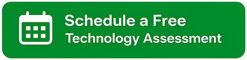 Green digital sign promoting scheduling a free technology assessment.