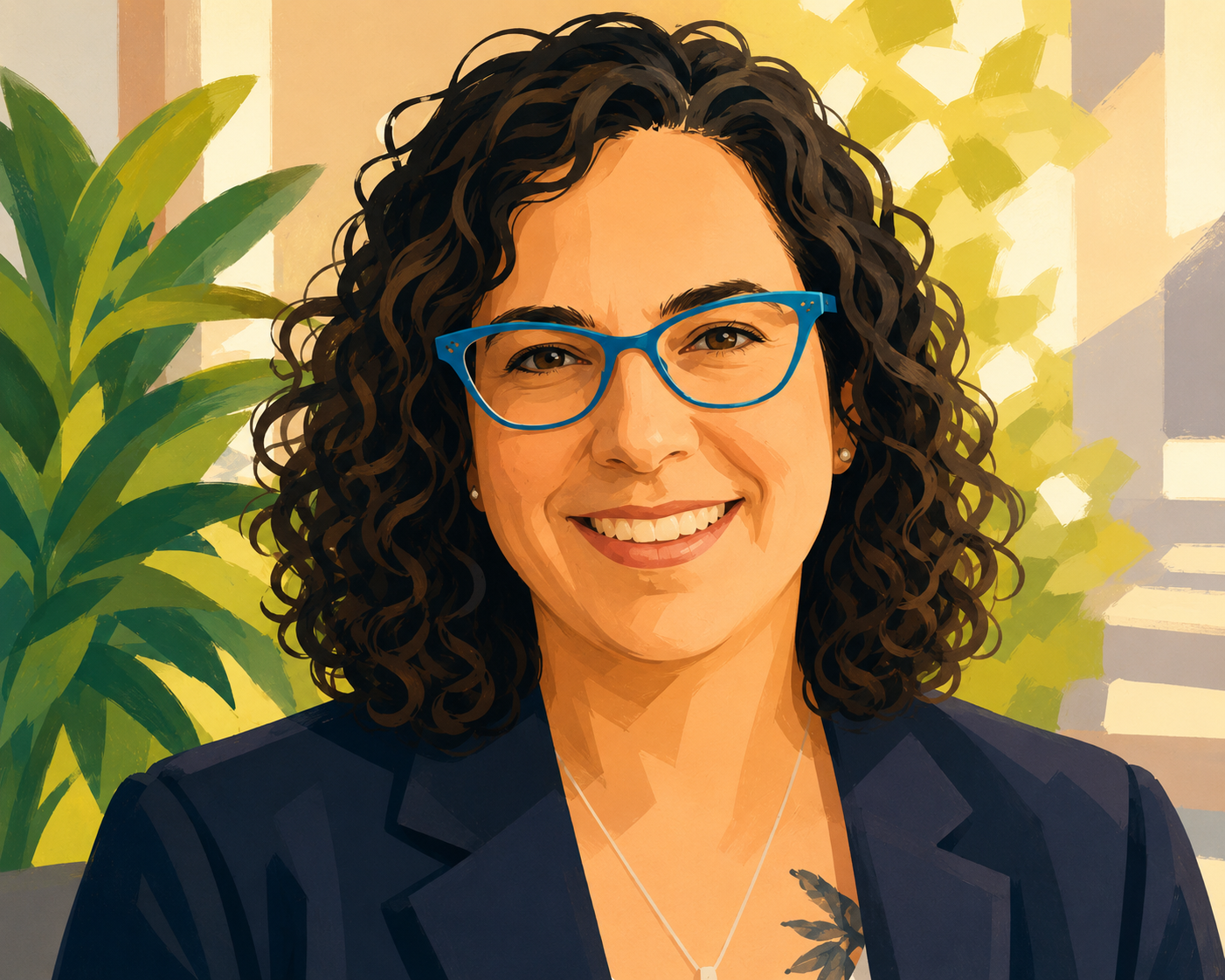 Digital illustration of a smiling woman with curly dark hair, wearing blue glasses, a navy blazer, and a necklace with a leaf pendant, standing in front of green plants and a background with geometric shapes.
