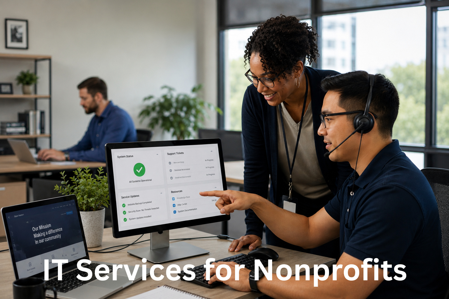 Two people working together at a desk in an office, with one person wearing a headset and pointing at a monitor, while the other looks on and smiles. There are multiple devices on the desk, including a laptop and a monitor displaying system status updates. The caption reads 'IT Services for Nonprofits'.