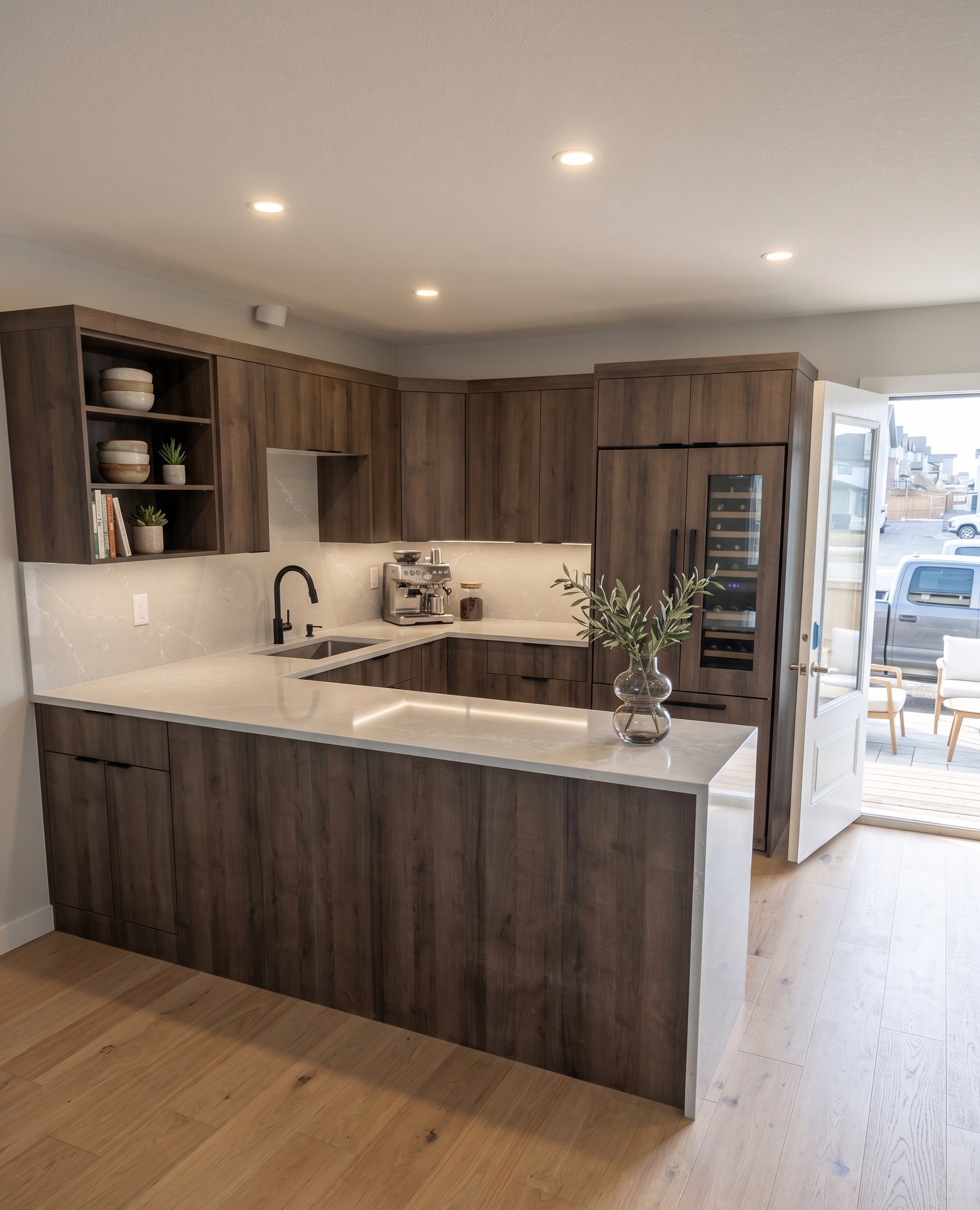 Modern kitchen with dark wood cabinets, white countertop, black faucet, and a vase with greenery, with open door leading outside.