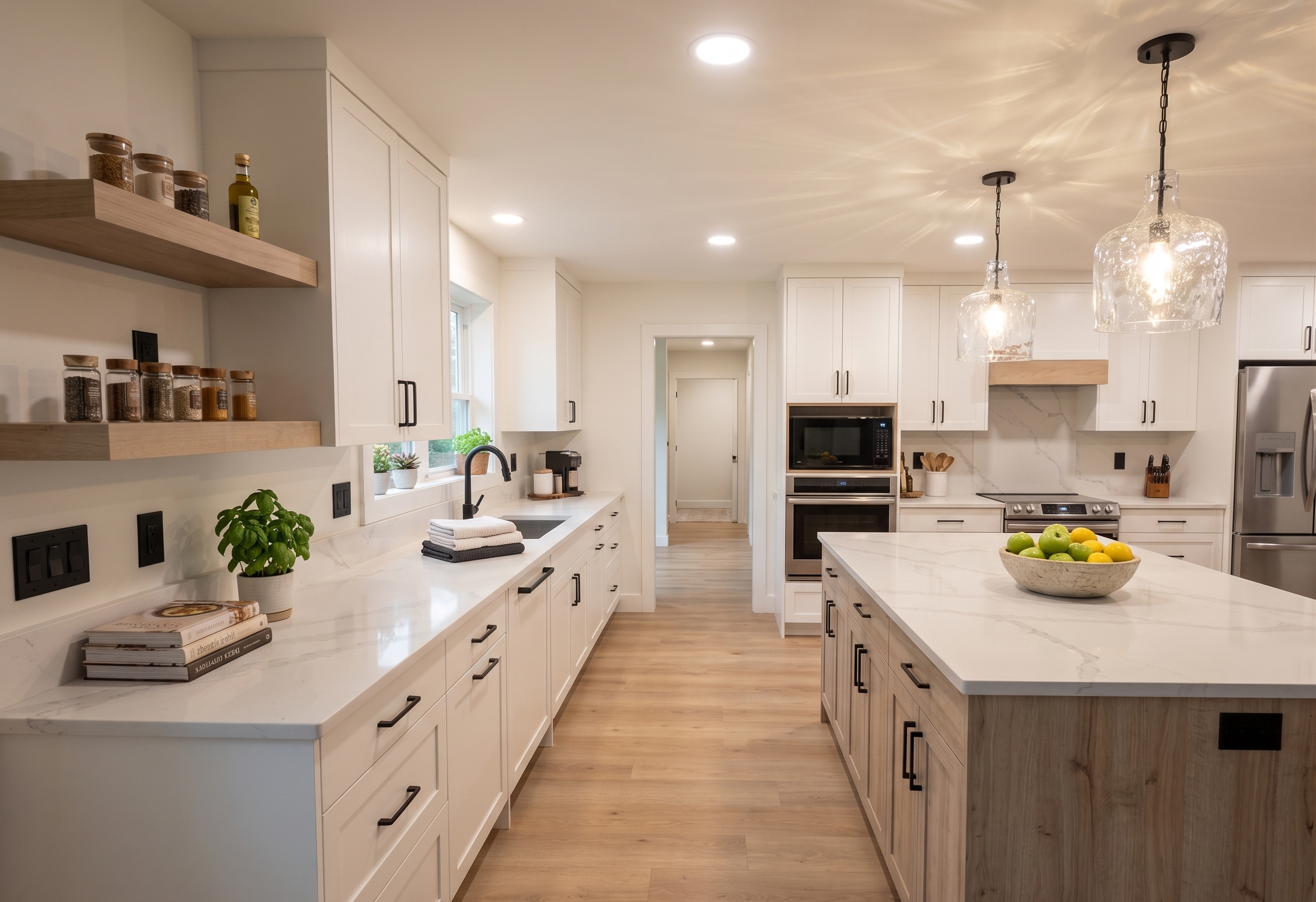 Modern kitchen with white cabinets, marble countertops, pendant lights, fruit bowl, and open shelving.